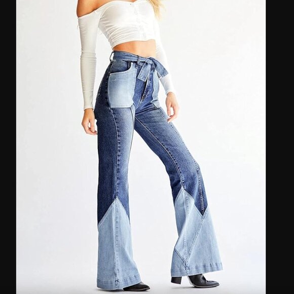 Revice Colorblock Patchwork Tie Waist High Rise Flare Jeans 28" - Picture 1 of 6